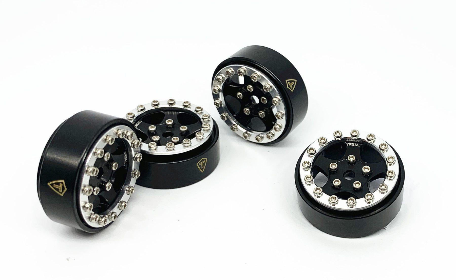 Treal 1.0 Beadlock Wheels for SCX24 with Brass Rings Weighted 22.4g-B Type (Silver-Black)