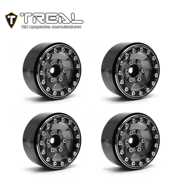 TREAL 1.55'' Beadlock Wheels (4P) Aluminum CNC Machined 5-Star Wheels for 1/10 RC Crawler Car -Type B - Grey