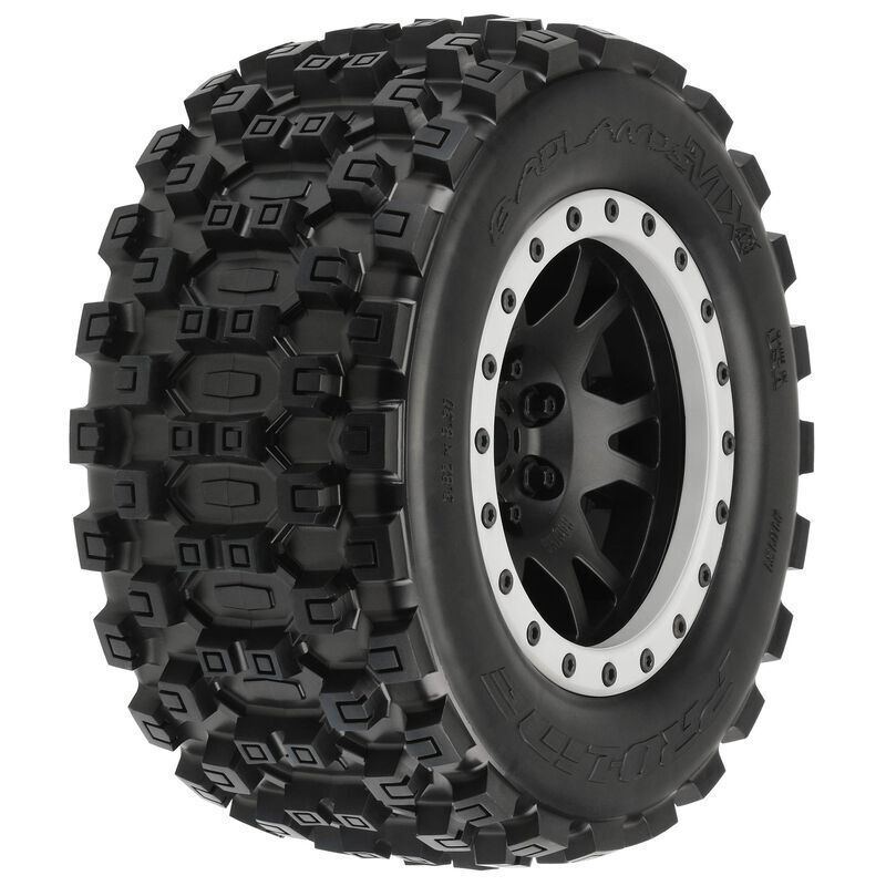 Pro-Line Badlands MX43 Pro-Loc All Terrain Tires (2) Mounted on Impulse Pro-Loc Black Wheels with Stone Gray Rings for X-MAXX Front or Rear