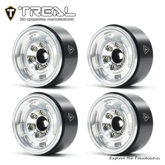 TREAL 1.55 Beadlock Wheels Vintage Wheels (4pcs) CNC Metal Wheel Upgrades for 1/10 RC Crawler Car - Type C - Silver
