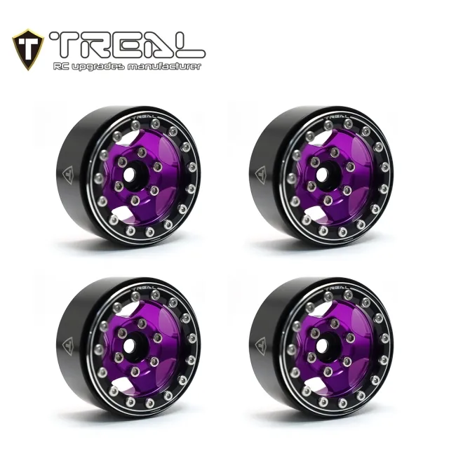 TREAL 1.55'' Beadlock Wheels (4P) Aluminum CNC Machined 5-Star Wheels for 1/10 RC Crawler Car -Type B - Purple