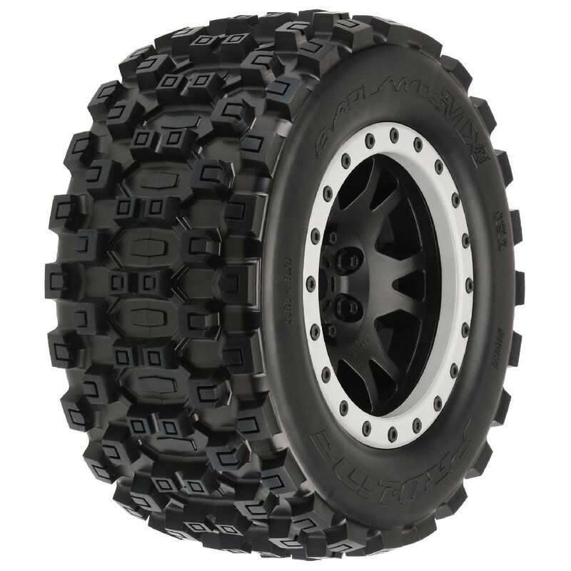 Pro-Line Badlands MX43 Pro-Loc All Terrain Tires (2) Mounted on Impulse Pro-Loc Black Wheels with Stone Gray Rings for X-MAXX Front or Rear